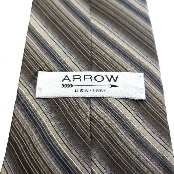Arrow Beige Gray Brown Print Striped Wide Silk Tie - Picture 3 of 6